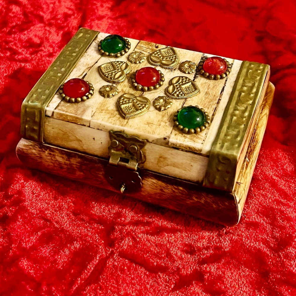 Vintage 1950’s Bone, Brass, and Glass Cabochon Handmade Trinket / Jewelry Box